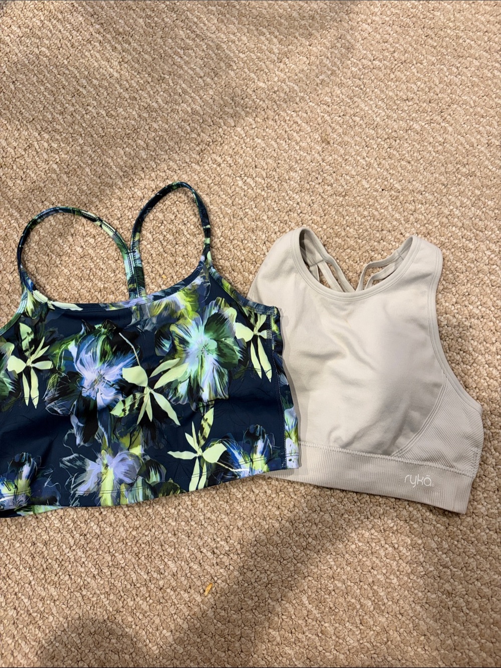 Ryka Cream High-Neck Sports Bra & Navy Floral Strappy Crop M